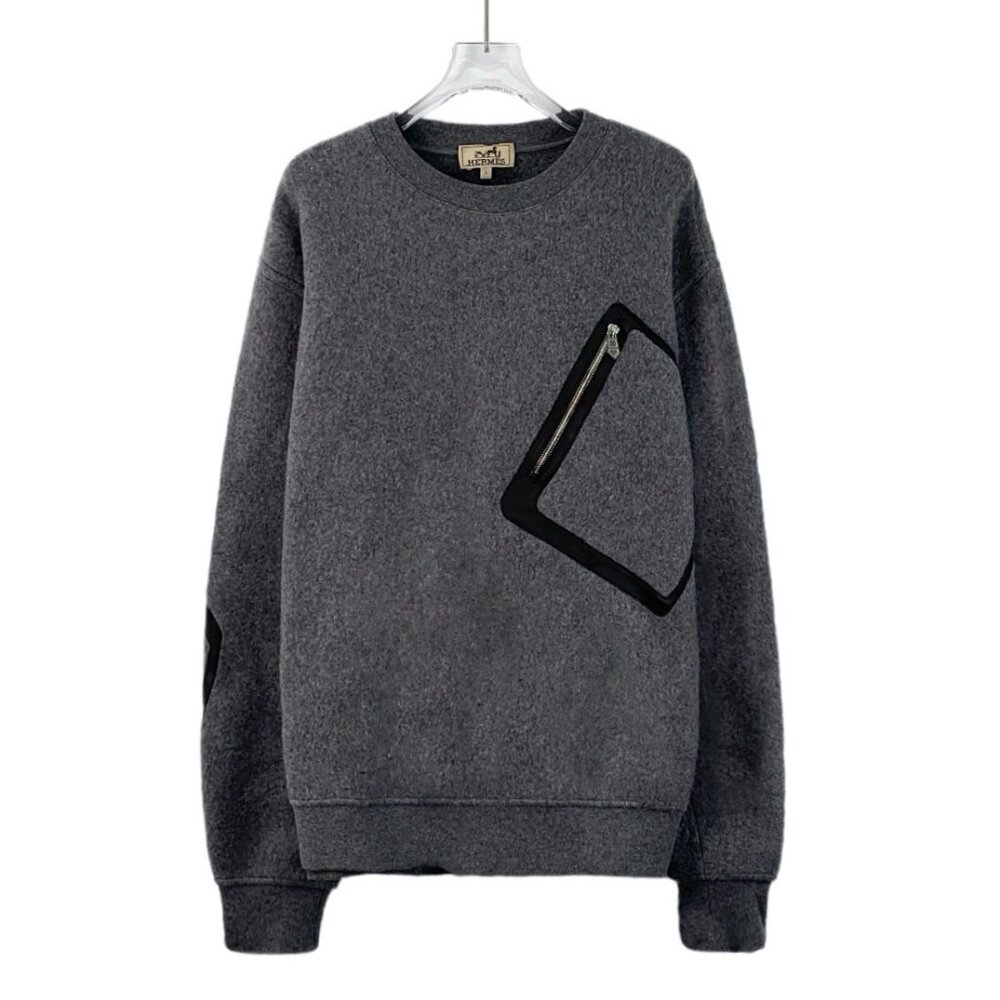 IM0279 Hermes Hermes dark grey pocket leather trim wool round neck long sleeve k